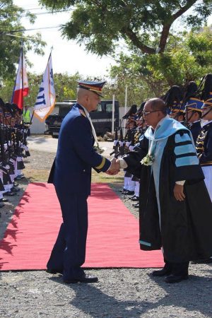 Dr. Jovenal B. Toring, Founder and President welcoming PNP OIC Leonardo Espina, guest of honor and speaker during the 22nd Commencement Exercises.